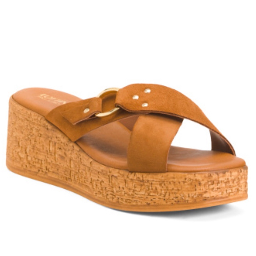 Lottini Suede Cross Band Cork Wedge Cuoio Sandal w/Gold Buckle Made in Italy